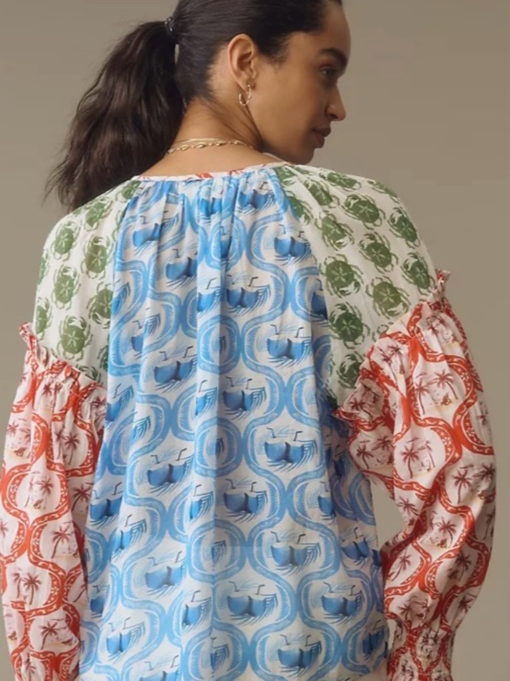 FARM RIO SKIRT SET Summer Multicolor Mix-Print Blouse in Blue, Red, Green - Picture 3 of 16
